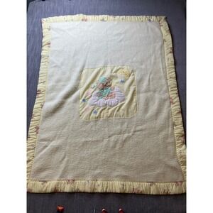 Vintage Quiltex Baby Blanket Teddy Bear Cloud Moon Stars Yellow Cream‎ 34x37 USA